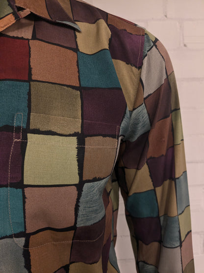 Vintage Equipment Zijden overhemd. Gekleurde blokjes print. Maat M.