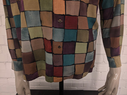 Vintage Equipment Zijden overhemd. Gekleurde blokjes print. Maat M.