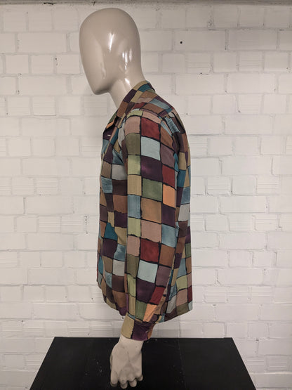 Vintage Equipment Zijden overhemd. Gekleurde blokjes print. Maat M.