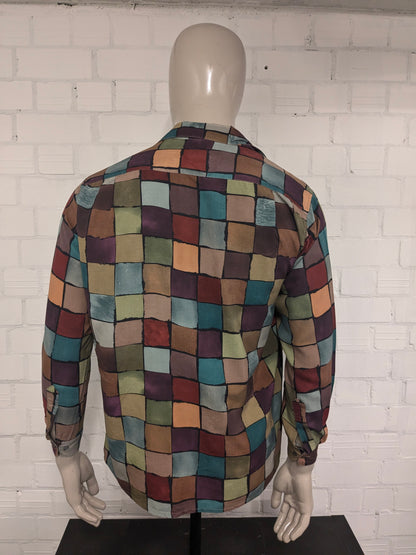 Vintage Equipment Zijden overhemd. Gekleurde blokjes print. Maat M.