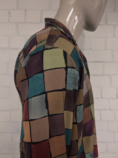 Vintage Equipment Zijden overhemd. Gekleurde blokjes print. Maat M.