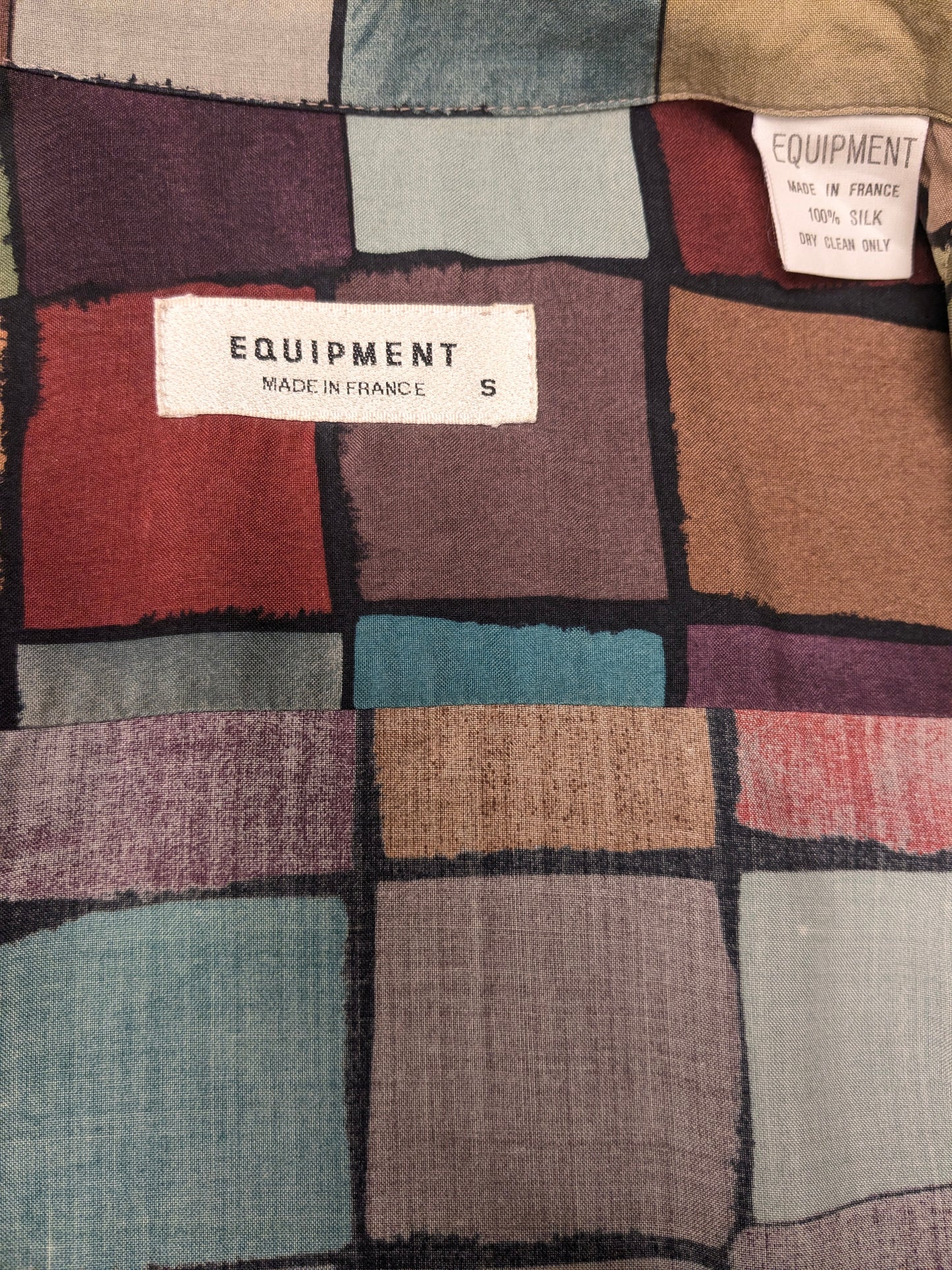 Vintage Equipment Zijden overhemd. Gekleurde blokjes print. Maat M.