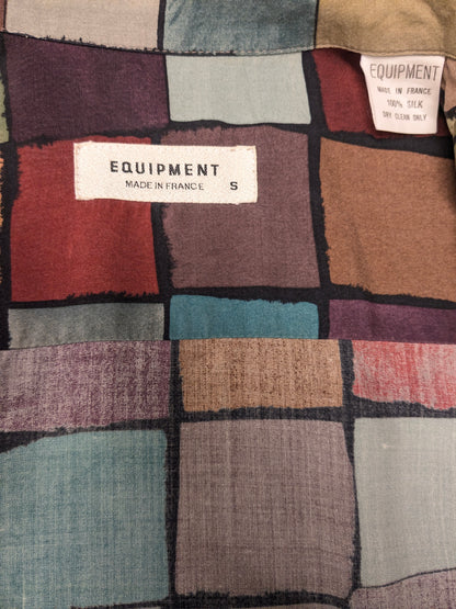 Vintage Equipment Zijden overhemd. Gekleurde blokjes print. Maat M.