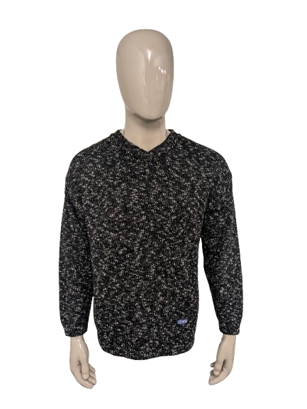 Vintage NHP Pullover mit V-Ausschnitt – Schwarz/Weiß gemischt – Größe L