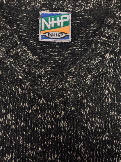 Vintage NHP sweater with V-neck. Black and white mixed. Size L.