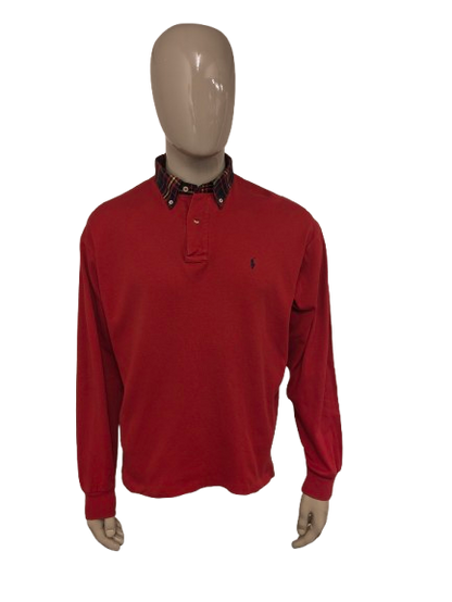 Ralph Lauren polo trui. Rood met geruite kraag. Maat 2XL / XXL.