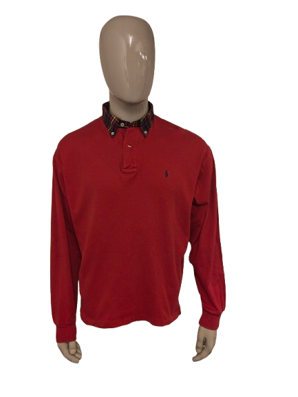 Ralph Lauren polo trui. Rood met geruite kraag. Maat 2XL / XXL.
