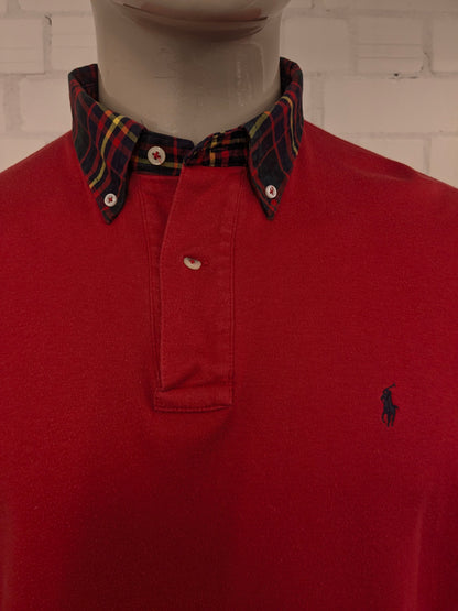 Ralph Lauren polo trui. Rood met geruite kraag. Maat 2XL / XXL.
