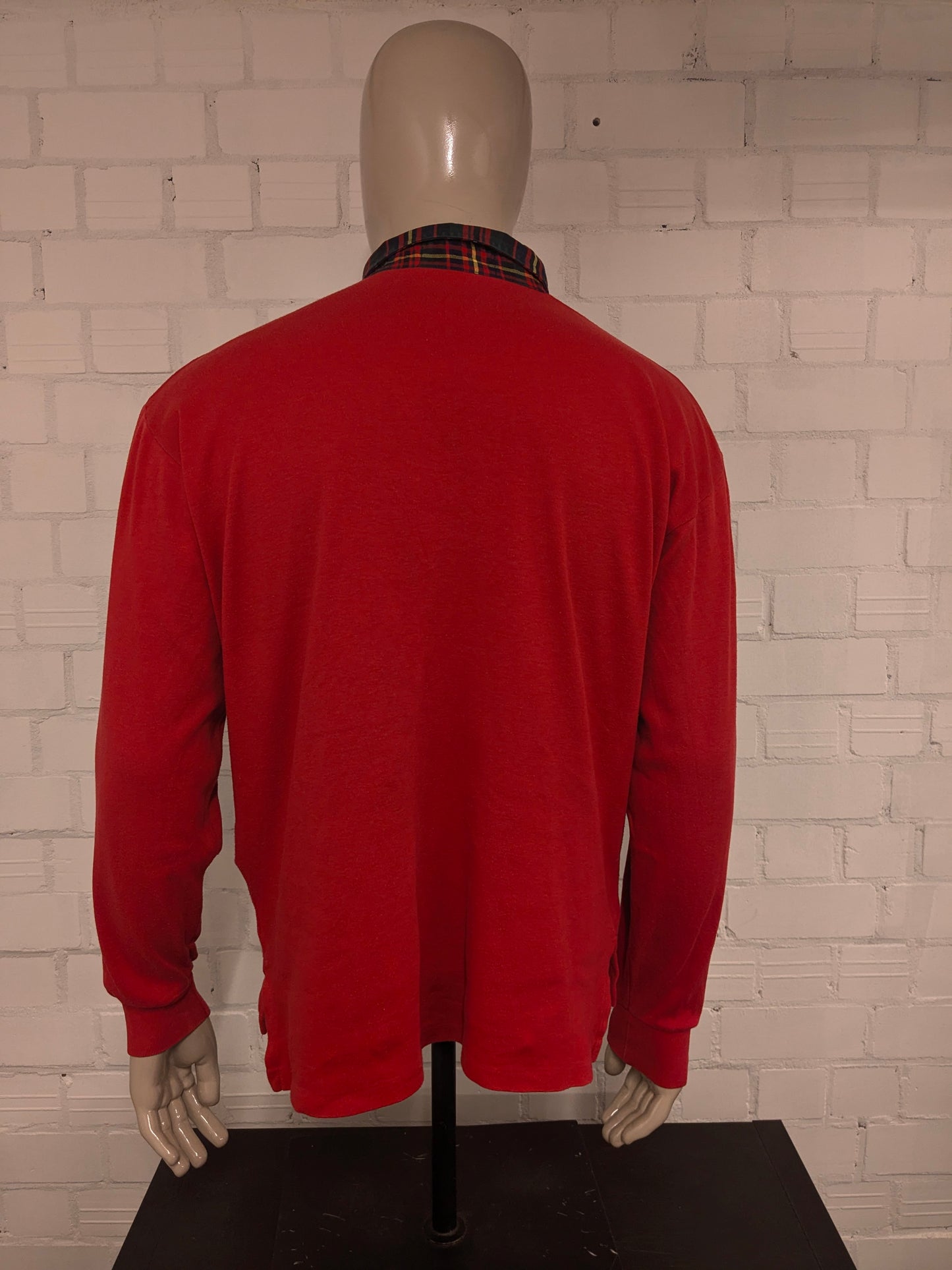 Ralph Lauren polo trui. Rood met geruite kraag. Maat 2XL / XXL.