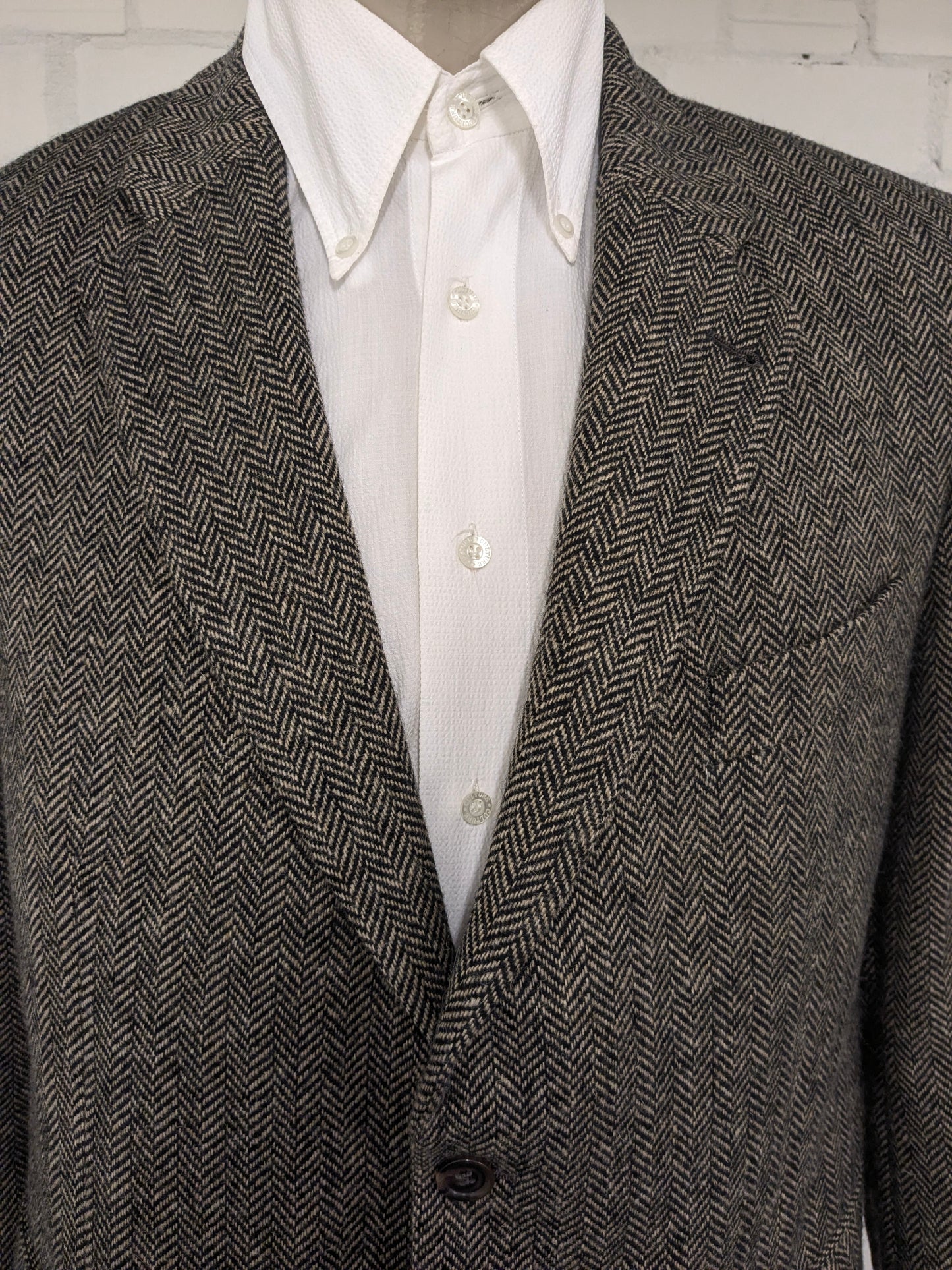 Giacca Manston vintage in lana. Motivo a spina di pesce marrone. Taglia L.