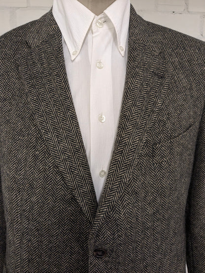 Giacca Manston vintage in lana. Motivo a spina di pesce marrone. Taglia L.