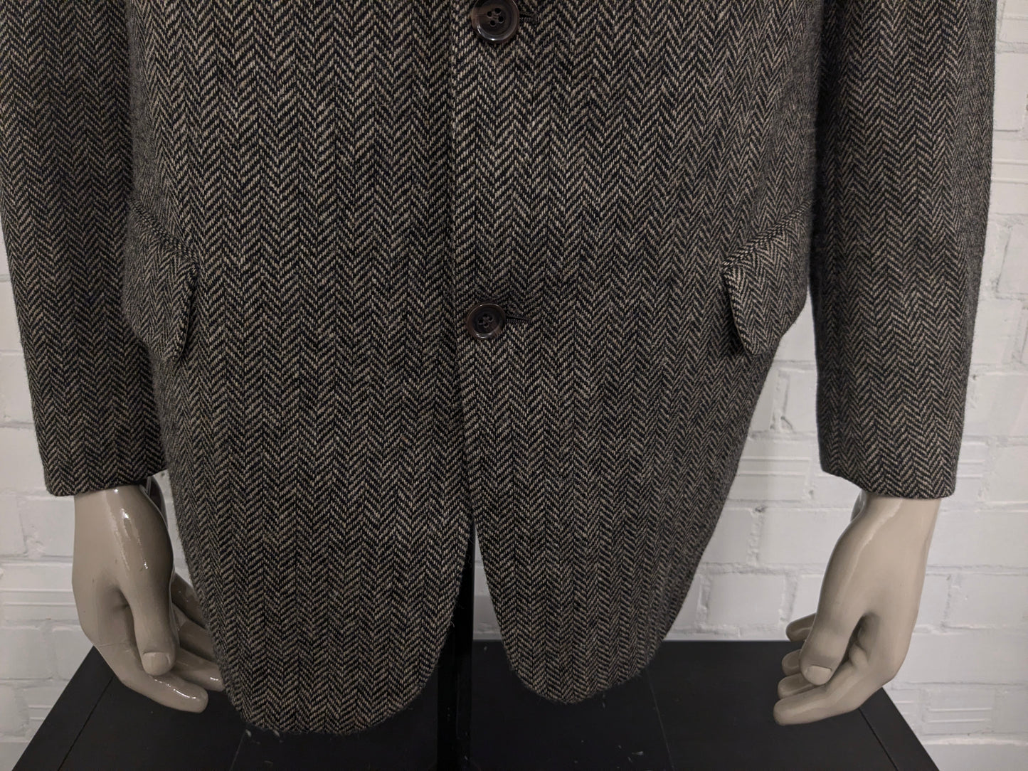 Giacca Manston vintage in lana. Motivo a spina di pesce marrone. Taglia L.