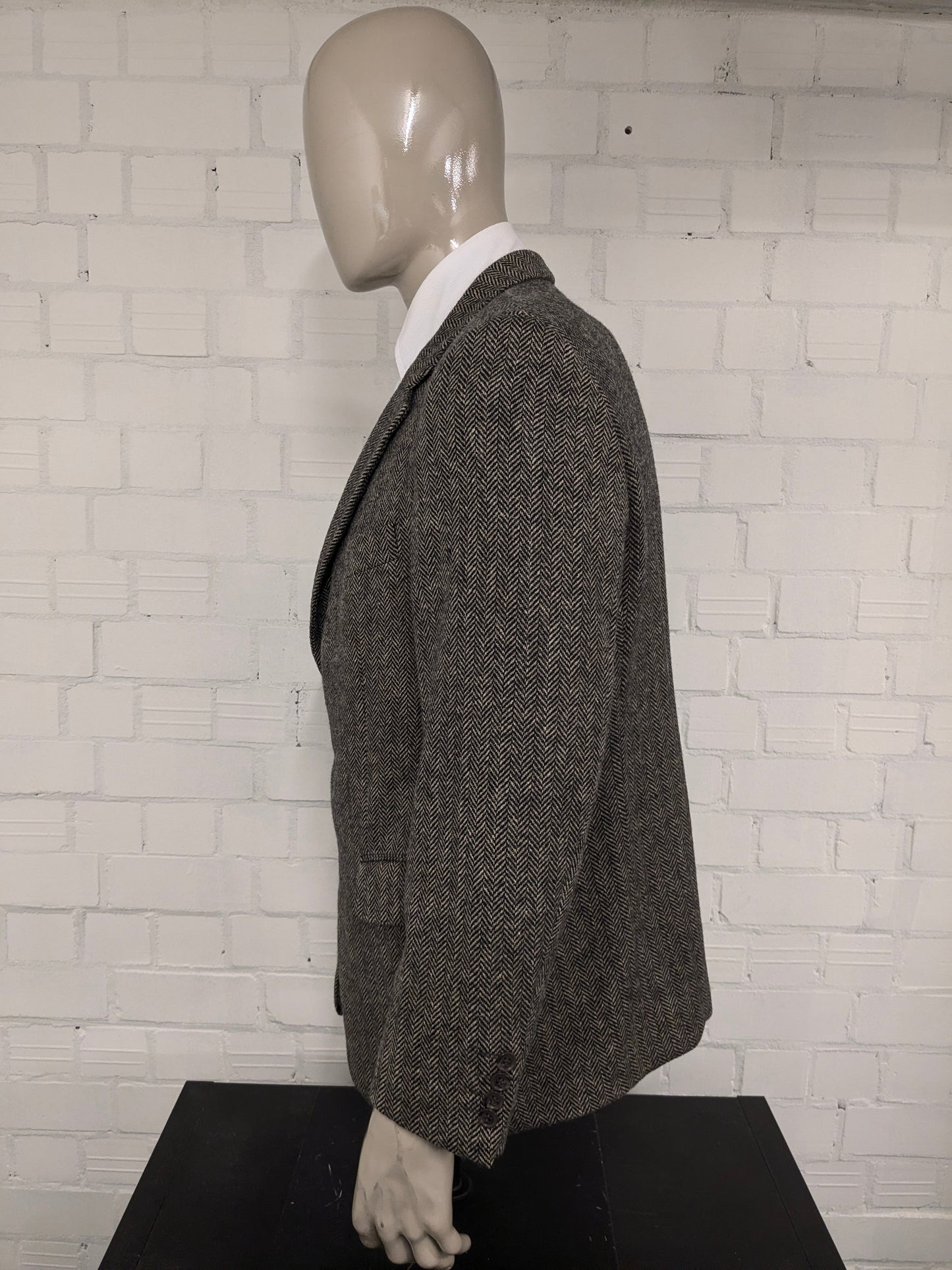 Giacca Manston vintage in lana. Motivo a spina di pesce marrone. Taglia L.