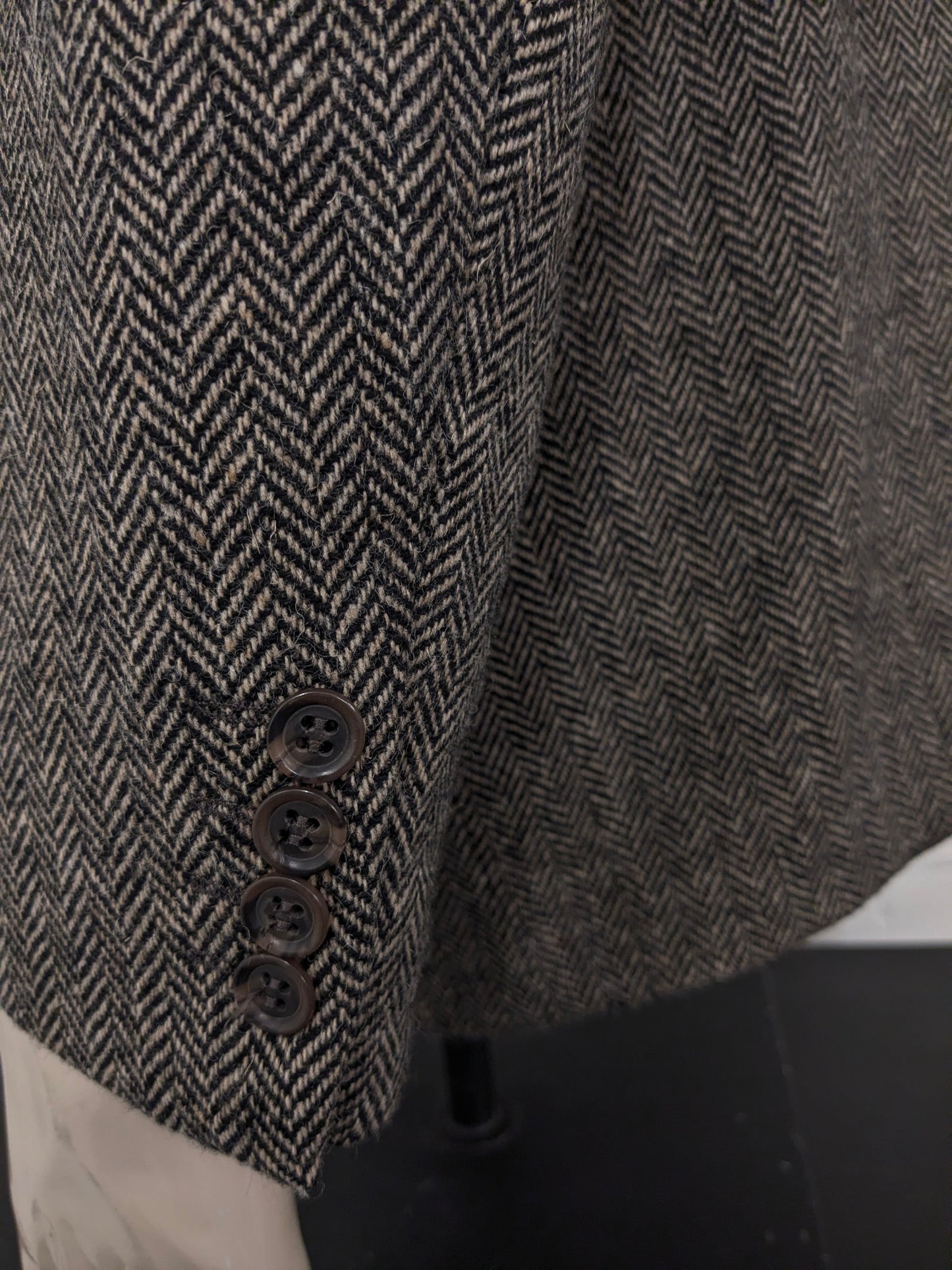 Giacca Manston vintage in lana. Motivo a spina di pesce marrone. Taglia L.