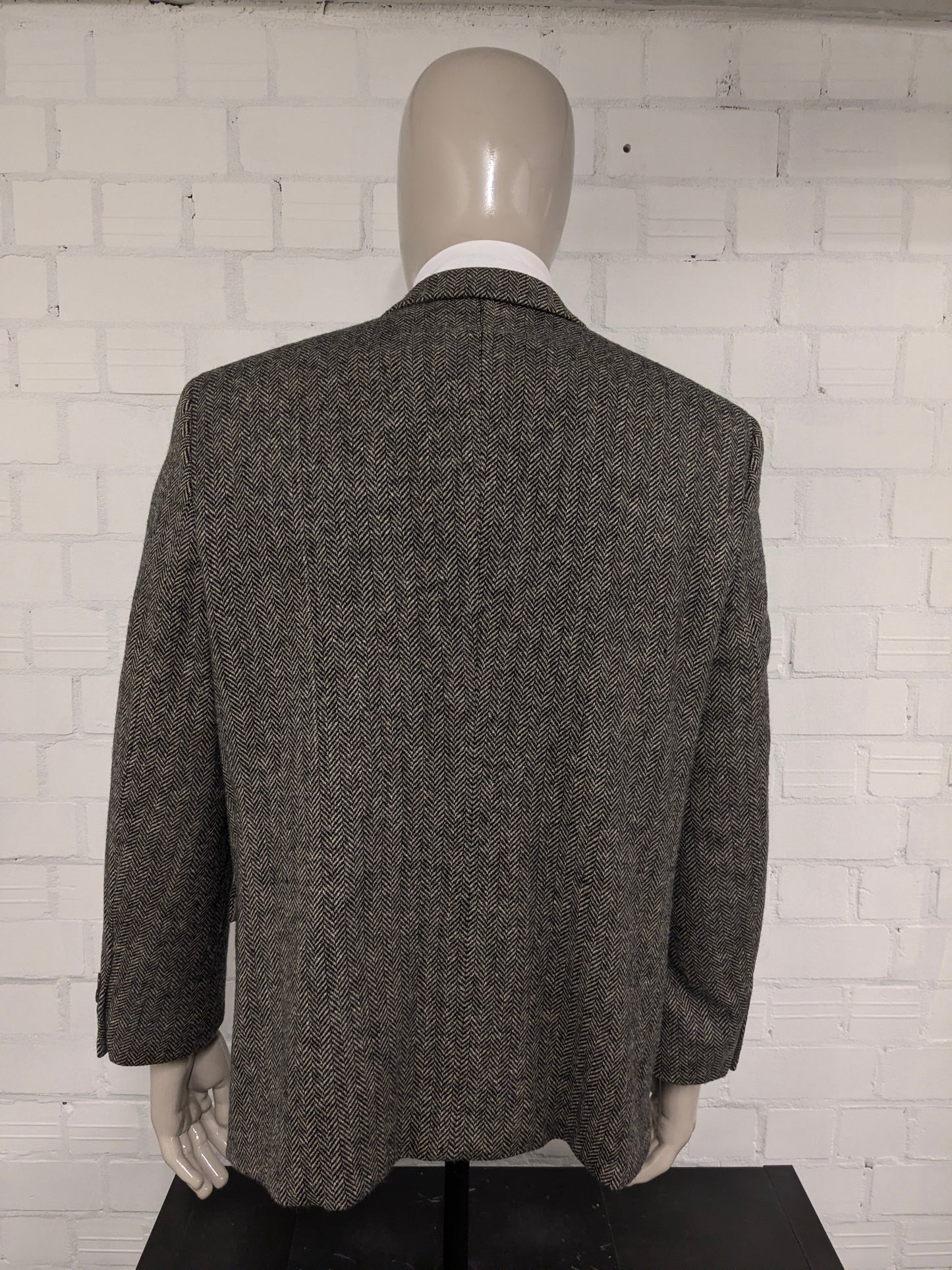 Giacca Manston vintage in lana. Motivo a spina di pesce marrone. Taglia L.