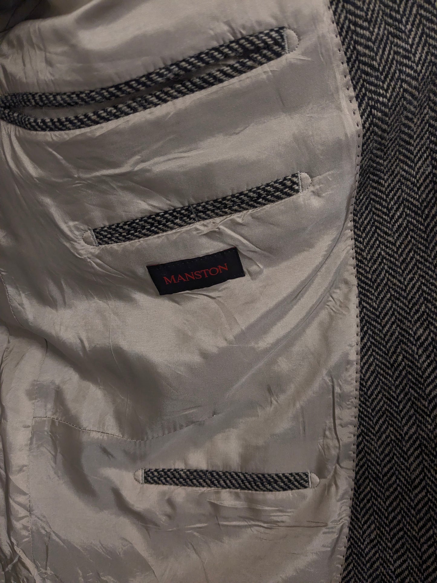 Giacca Manston vintage in lana. Motivo a spina di pesce marrone. Taglia L.