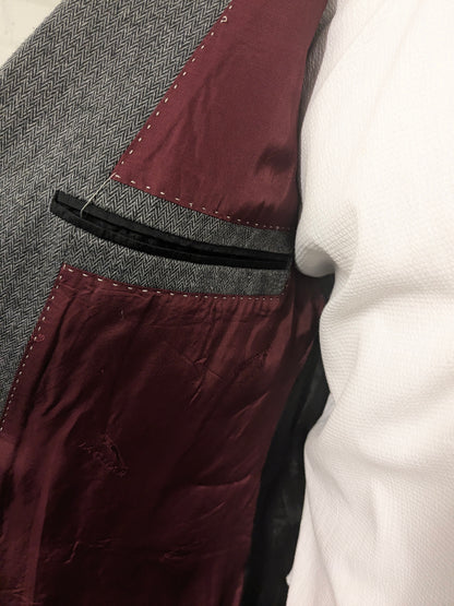 Jaguar Wollen colbert met suède elleboogstukken. Zwart Grijs visgraat motief. Maat 56 / XL.