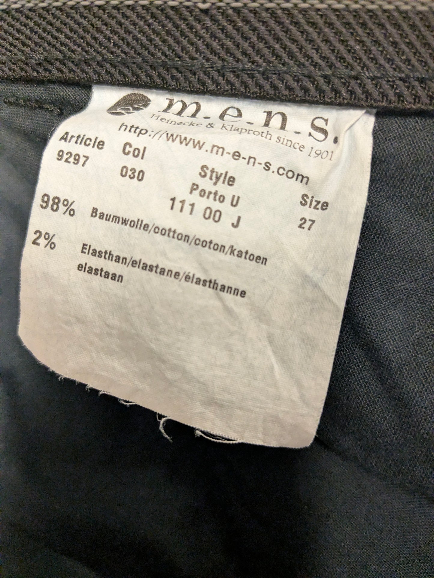 M.E.N.S. jeans broek. Blauw gekleurd. Maat 27 (54 / L).