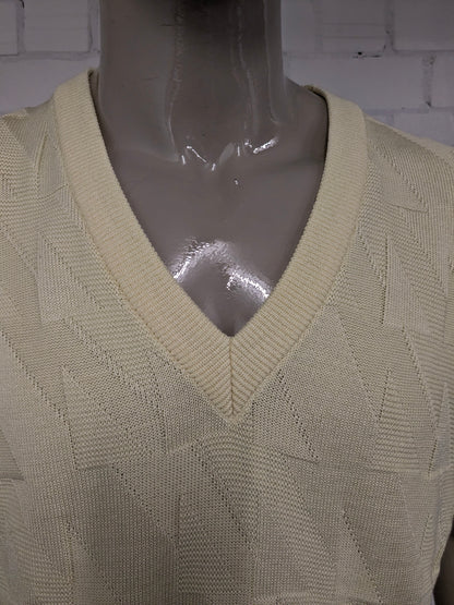Vintage Mäser spencer met V-Hals. Geel motief. Maat L.