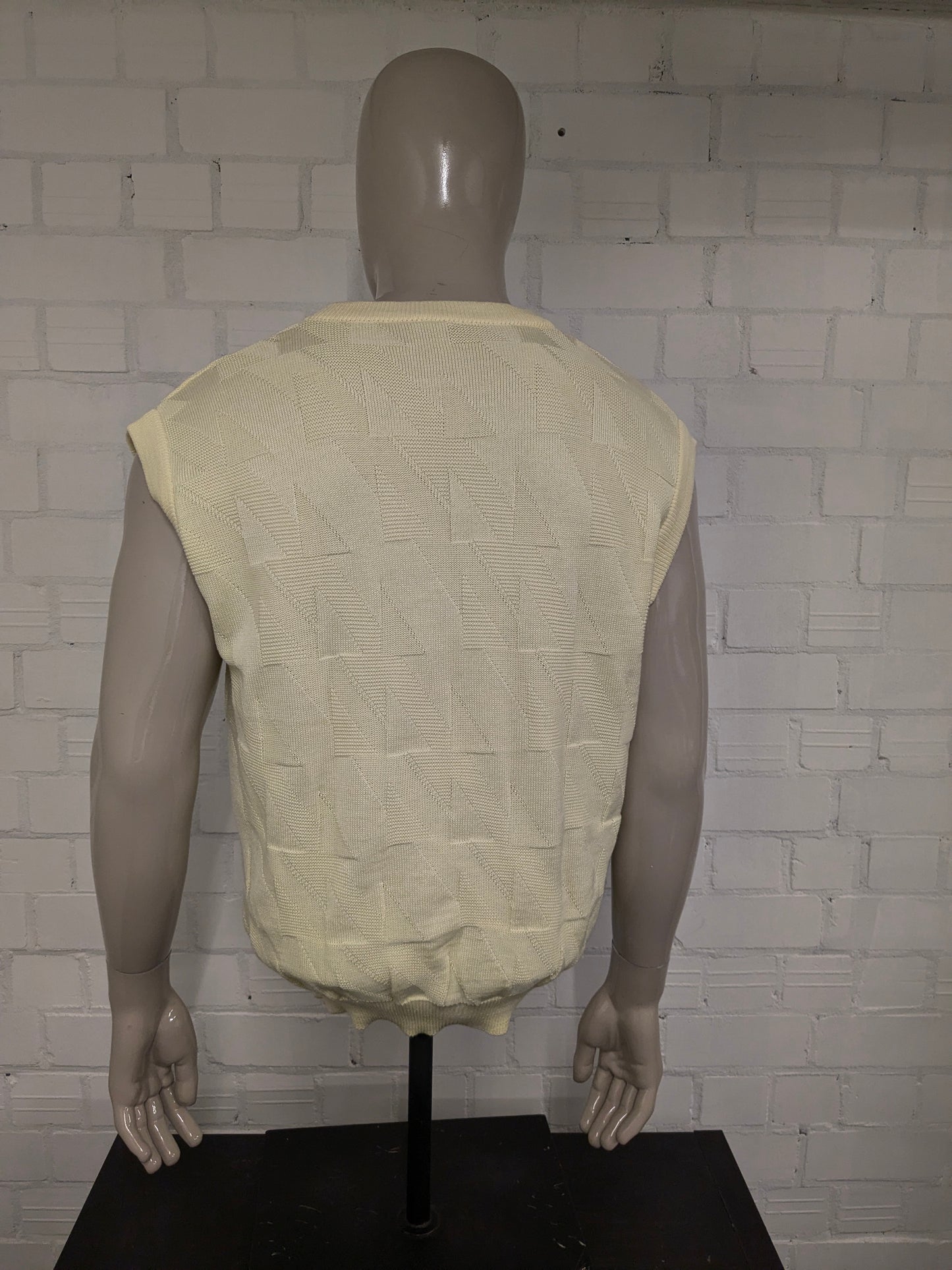 Vintage Mäser spencer met V-Hals. Geel motief. Maat L.