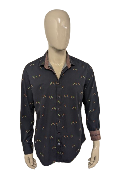 A Fish named Fred overhemd. Donker Blauw met vogel print. Maat 2XL / XXL.