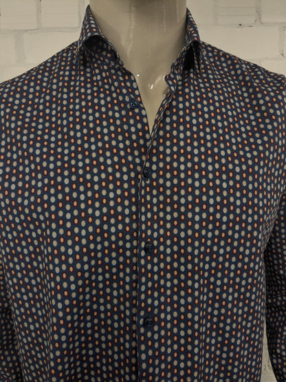 Blue Industry overhemd. Blauw Rood Beige cirkel print. Maat L. perfect fit.