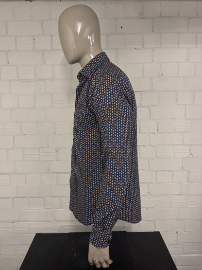 Blue Industry overhemd. Blauw Rood Beige cirkel print. Maat L. perfect fit.