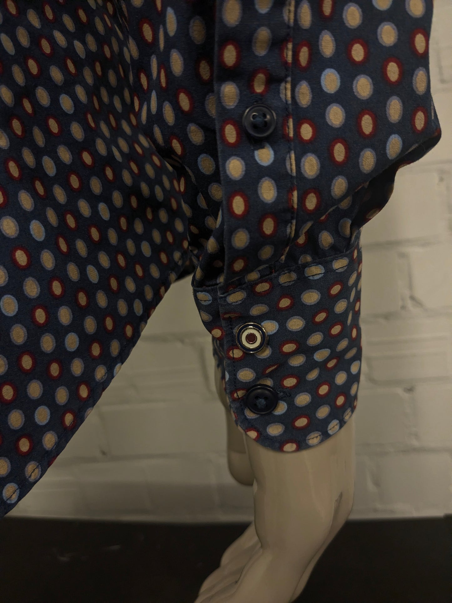 Blue Industry overhemd. Blauw Rood Beige cirkel print. Maat L. perfect fit.