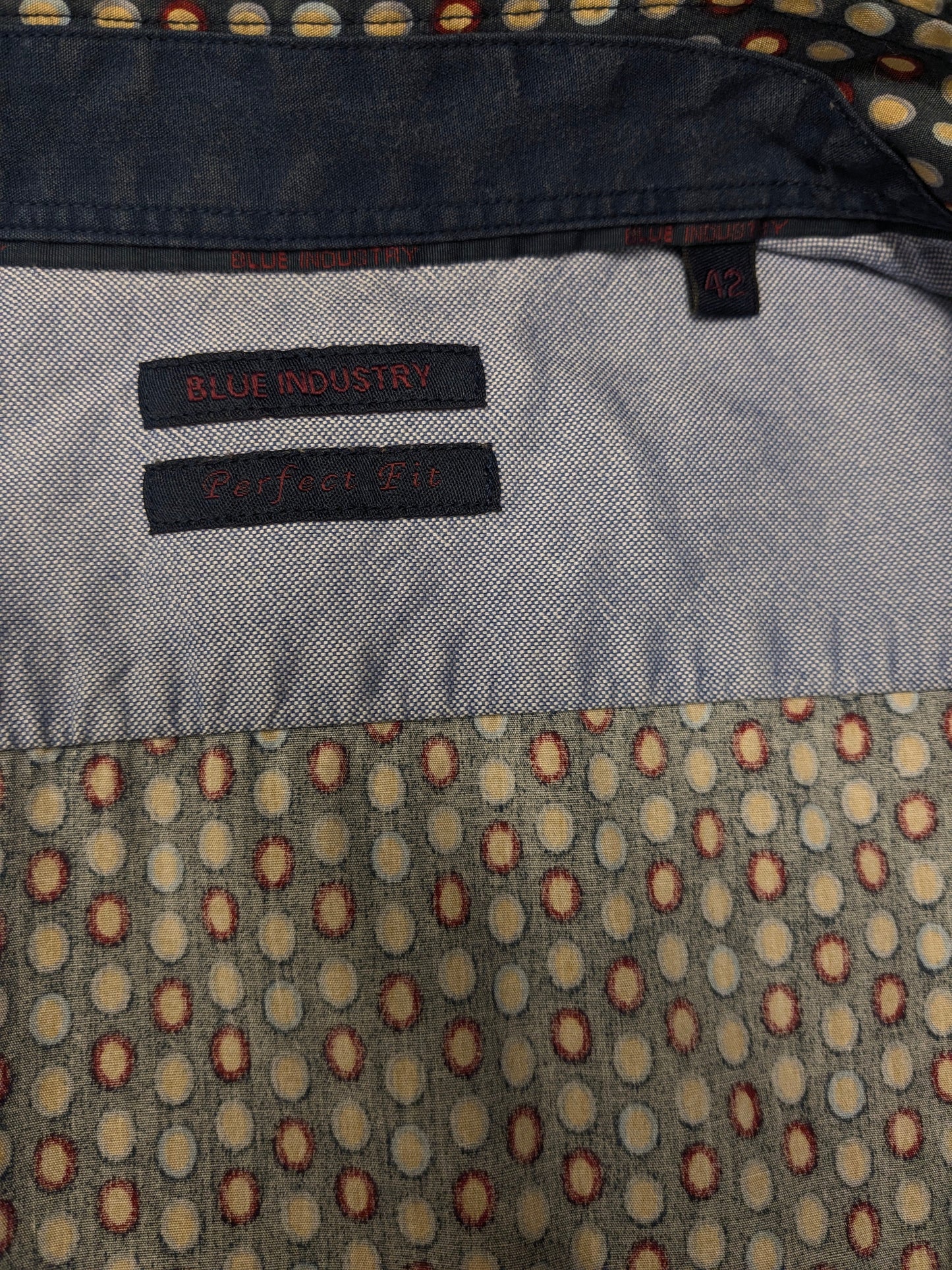 Blue Industry overhemd. Blauw Rood Beige cirkel print. Maat L. perfect fit.