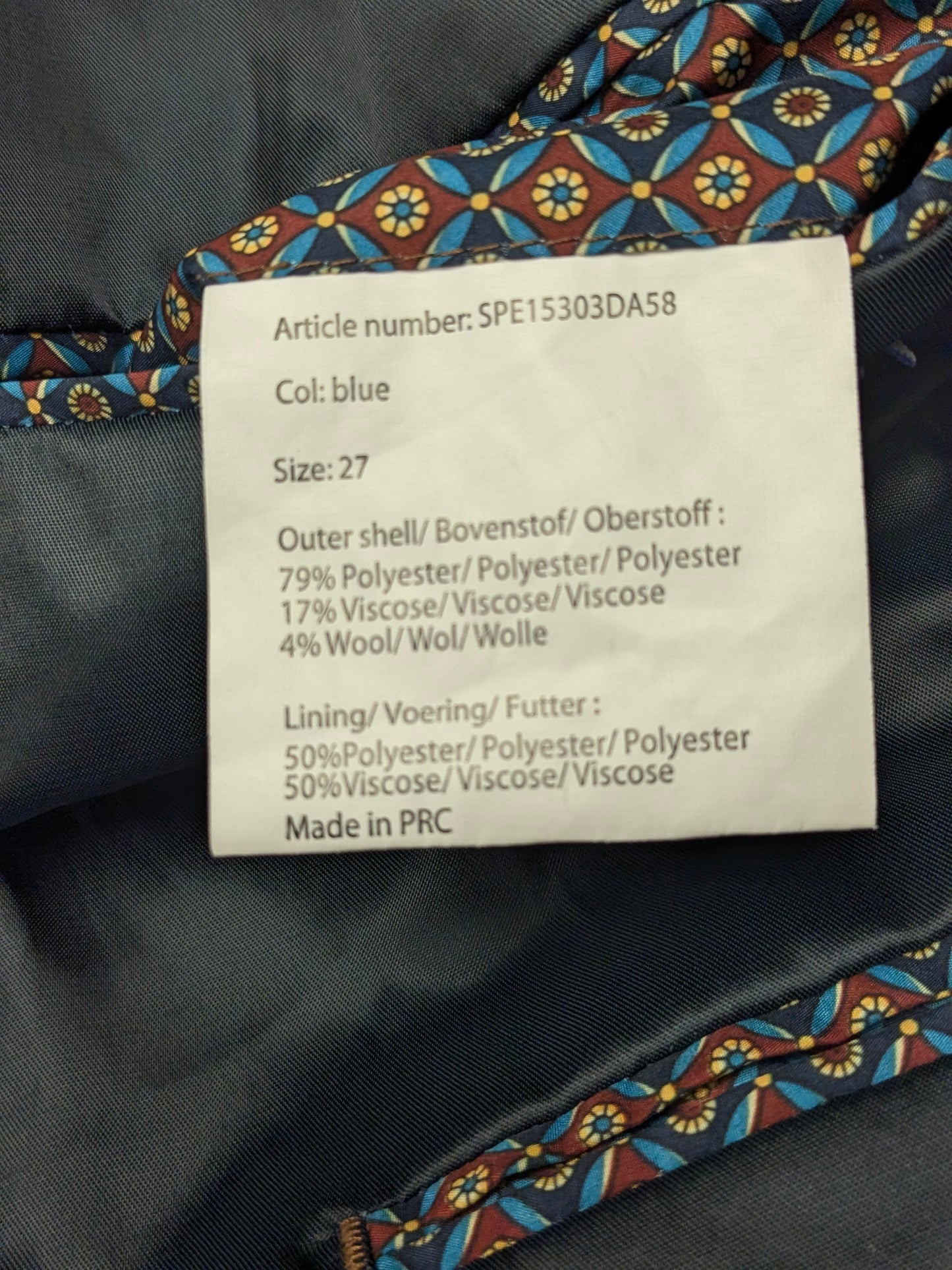 Bartlett colbert. Donker Blauw motief. Maat 27 (54 / L)