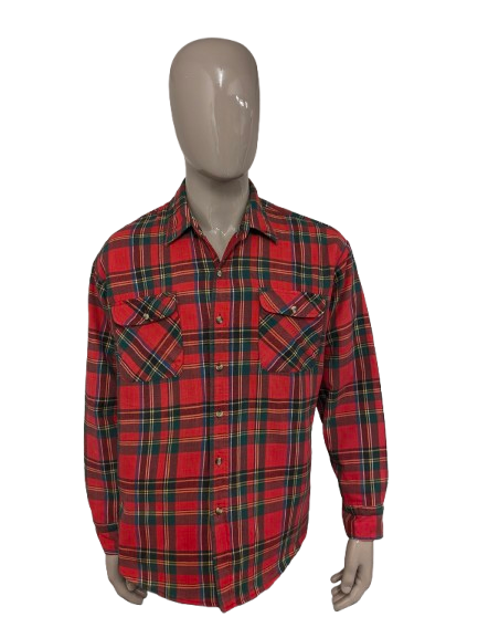 St. John's Bay Flanellen overhemd jack. Licht gevoerd. Rood Geel Groen Blauw geruit. Maat XL / 2XL-XXL.
