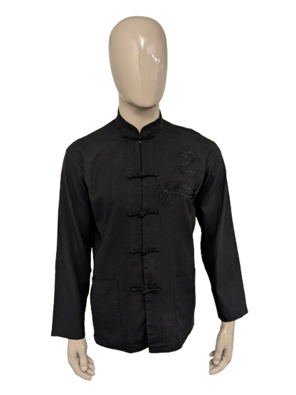 Shuliang Chinees traditioneel Kung Fu overhemd. Zwart met geborduurde draak. Maat L.
