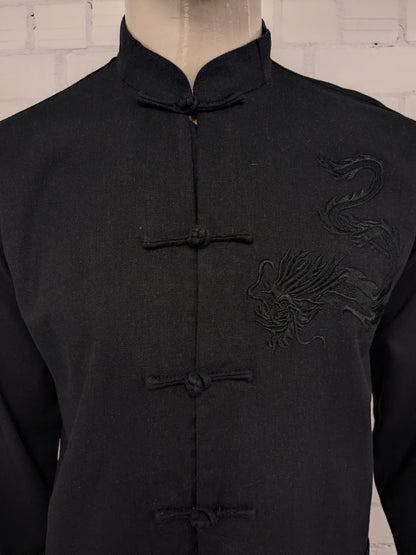 Shuliang Chinees traditioneel Kung Fu overhemd. Zwart met geborduurde draak. Maat L.