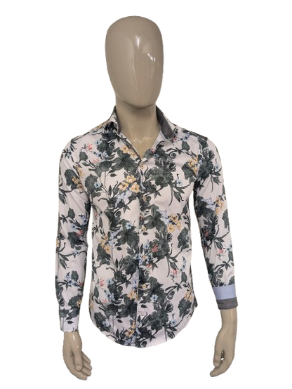 WAM Classic overhemd. Groen Geel Rode bloemen print. Maat M. tailored fit.