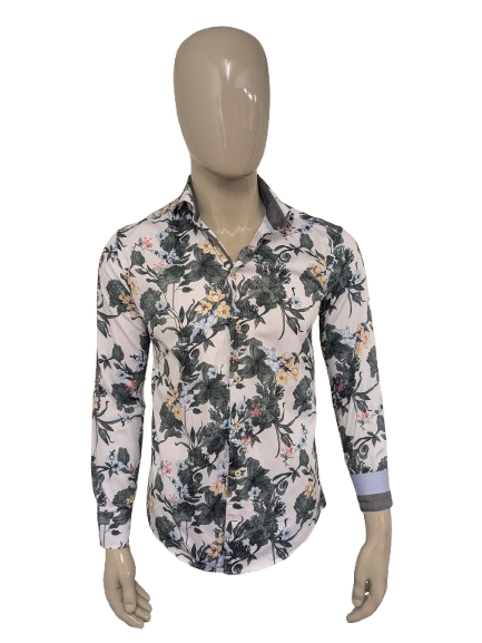 WAM Classic overhemd. Groen Geel Rode bloemen print. Maat M. tailored fit.