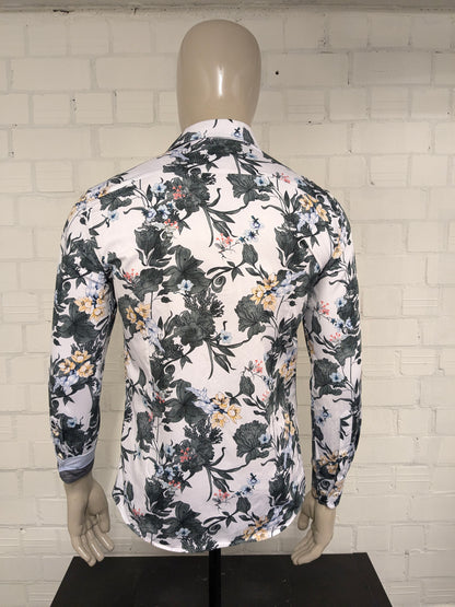 WAM Classic overhemd. Groen Geel Rode bloemen print. Maat M. tailored fit.
