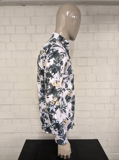 WAM Classic overhemd. Groen Geel Rode bloemen print. Maat M. tailored fit.