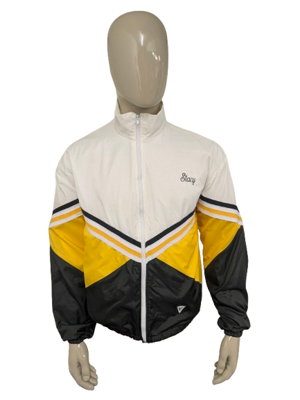 Vintage Varsity sport jack / jas "Stacy". Wit Zwart Geel gekeurd. Maat L.