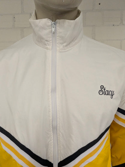 Vintage Varsity Sportjacke/Mantel „Stacy“. Weiß Schwarz Gelb zugelassen. Größe L.