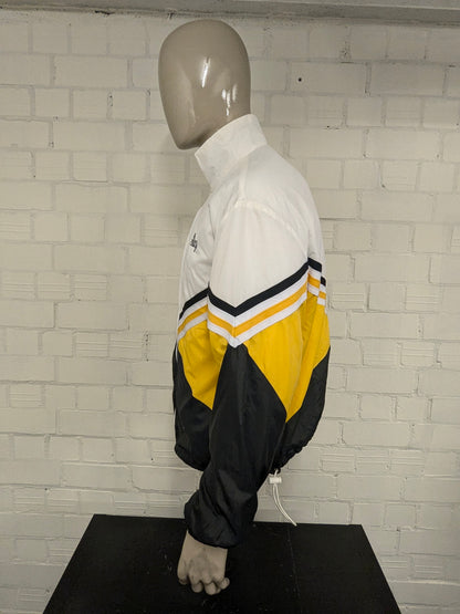 Vintage Varsity Sportjacke/Mantel „Stacy“. Weiß Schwarz Gelb zugelassen. Größe L.