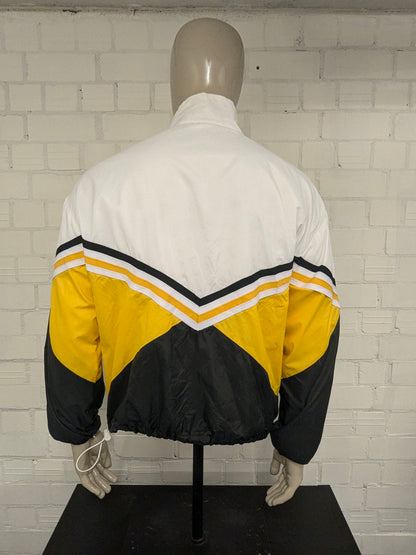 Vintage Varsity Sportjacke/Mantel „Stacy“. Weiß Schwarz Gelb zugelassen. Größe L.