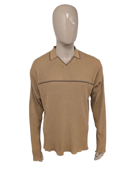 Matinique Vintage look polo trui. Bruin gestreept motief. Maat 2XL / XXL.