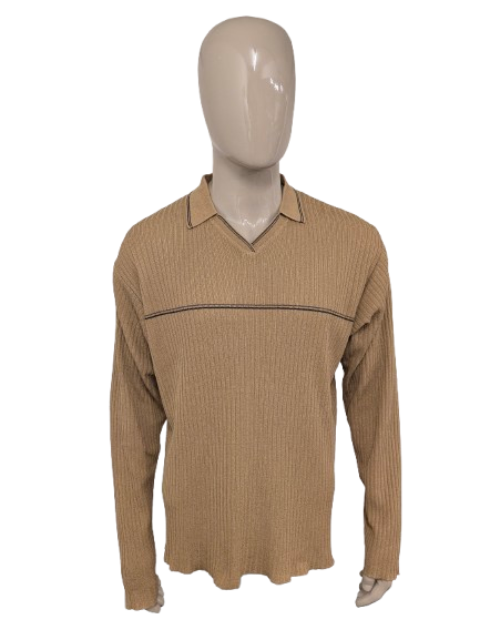 Matinique Vintage look polo trui. Bruin gestreept motief. Maat 2XL / XXL.