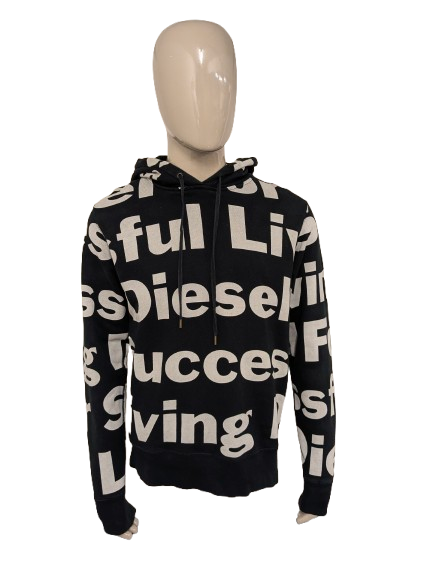 Diesel hoodie. Zwart Beige letter print. Maat XL.