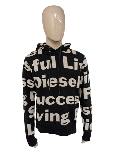 Diesel hoodie. Zwart Beige letter print. Maat XL.