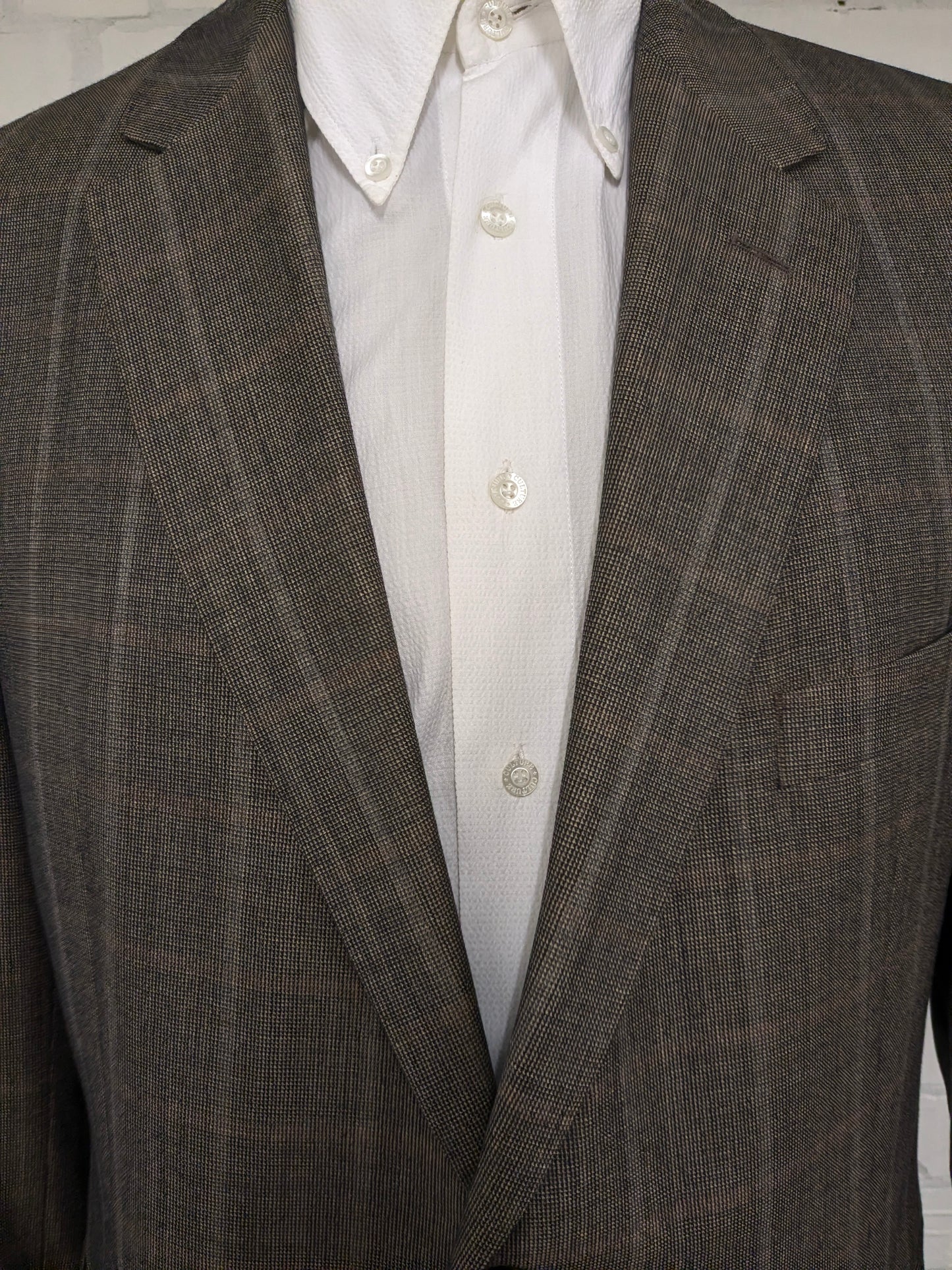 Burberry Wollen /Zijden colbert. Bruin Grijs motief. Maat 56 / XL. 85% Wol & 15% Zijde.