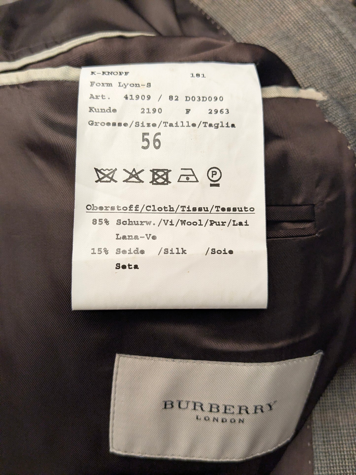Burberry Wollen /Zijden colbert. Bruin Grijs motief. Maat 56 / XL. 85% Wol & 15% Zijde.