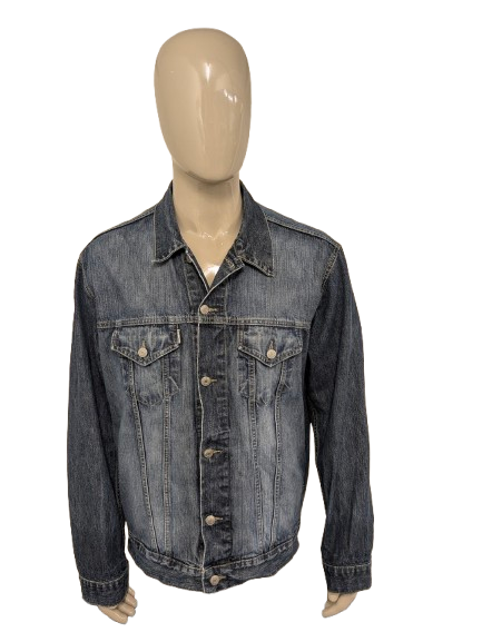 Vintage One Way jeans- spijker jack. Blauw gekleurd. Maat 2XL / XXL.