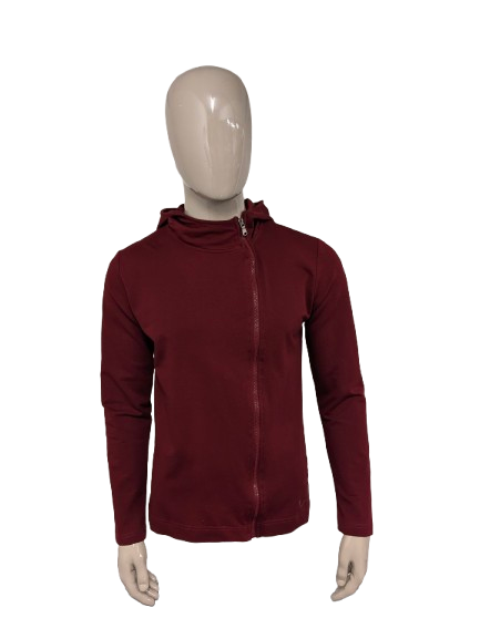 Cardigan Pure White con cappuccio e cerniera asimmetrica. Colore rosso scuro. Taglia L.