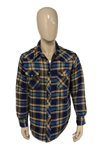 Vintage Wrangler licht gevoerde Flanellen overhemd met drukknopen. Beige Blauw Paars gekleurd. Maat L.